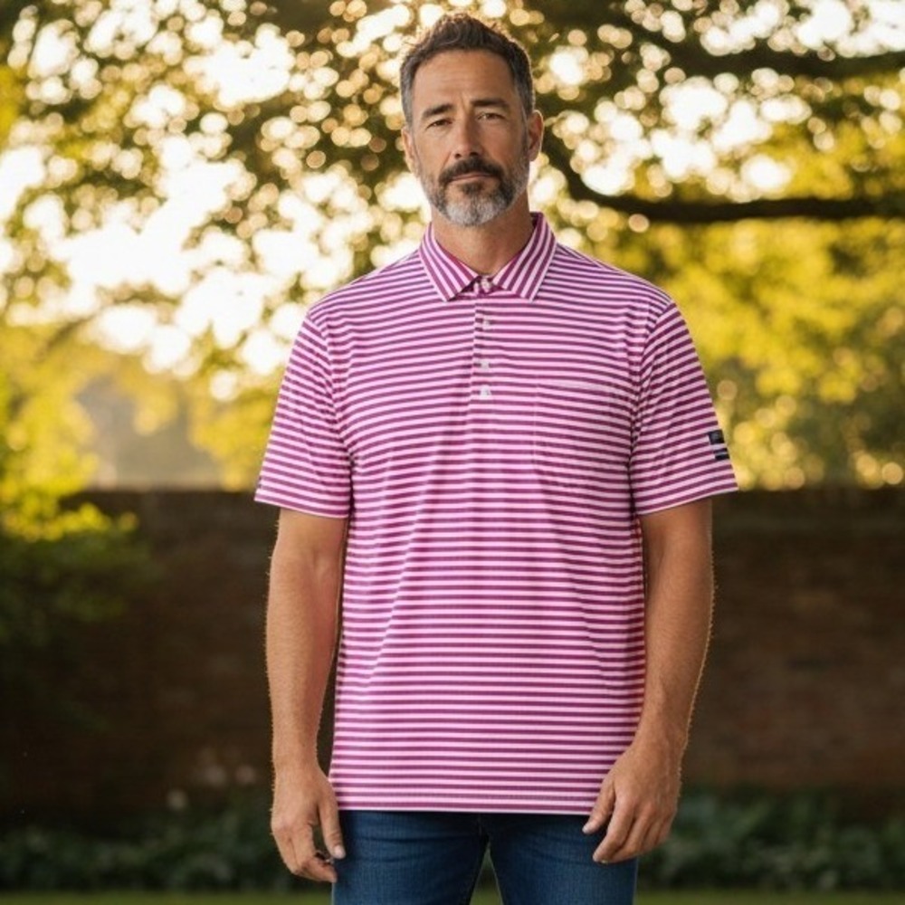 Polo Golf Ralph Lauren Mens Pink White Striped Stretch Lisle Polo Shirt Size M